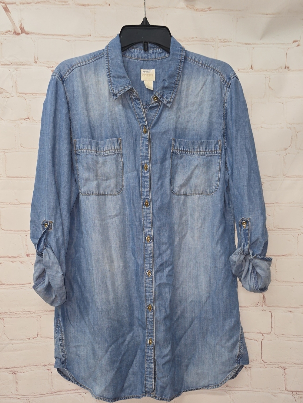 Chico's Light Blue Soft Denim Oversized Button Up Shirt Womens Size 2